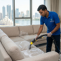 فني متخصص من شركات تنظيف الكنب في الشارقة يستخدم آلة التنظيف بالبخار لإزالة البقع من كنب أبيض في شقة تطل على واجهة المجاز المائية.