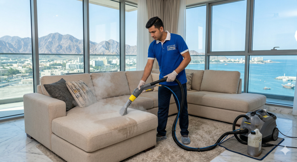 فني متخصص من شركة تنظيف كنب في الفجيرة يستخدم آلة استخراج البخار لتنظيف أريكة قماشية حديثة بيج بعمق، مع إطلالة بانورامية على جبال الحجر والبحر في الفجيرة.