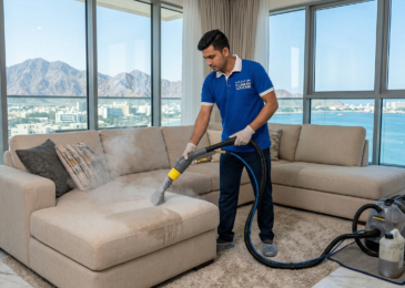 فني متخصص من شركة تنظيف كنب في الفجيرة يستخدم آلة استخراج البخار لتنظيف أريكة قماشية حديثة بيج بعمق، مع إطلالة بانورامية على جبال الحجر والبحر في الفجيرة.