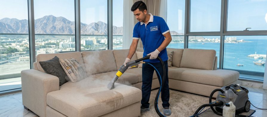 فني متخصص من شركة تنظيف كنب في الفجيرة يستخدم آلة استخراج البخار لتنظيف أريكة قماشية حديثة بيج بعمق، مع إطلالة بانورامية على جبال الحجر والبحر في الفجيرة.