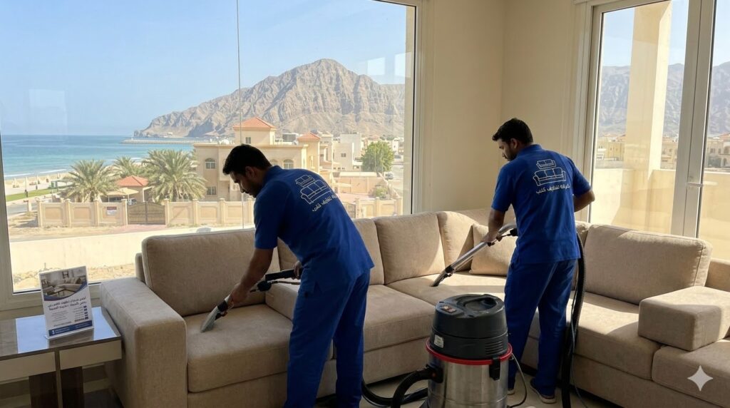 فريق عمل محترف يتبع لـ شركة تنظيف كنب في شعم يقوم بغسيل وتعقيم أريكة باستخدام أحدث معدات التنظيف الفعالة.