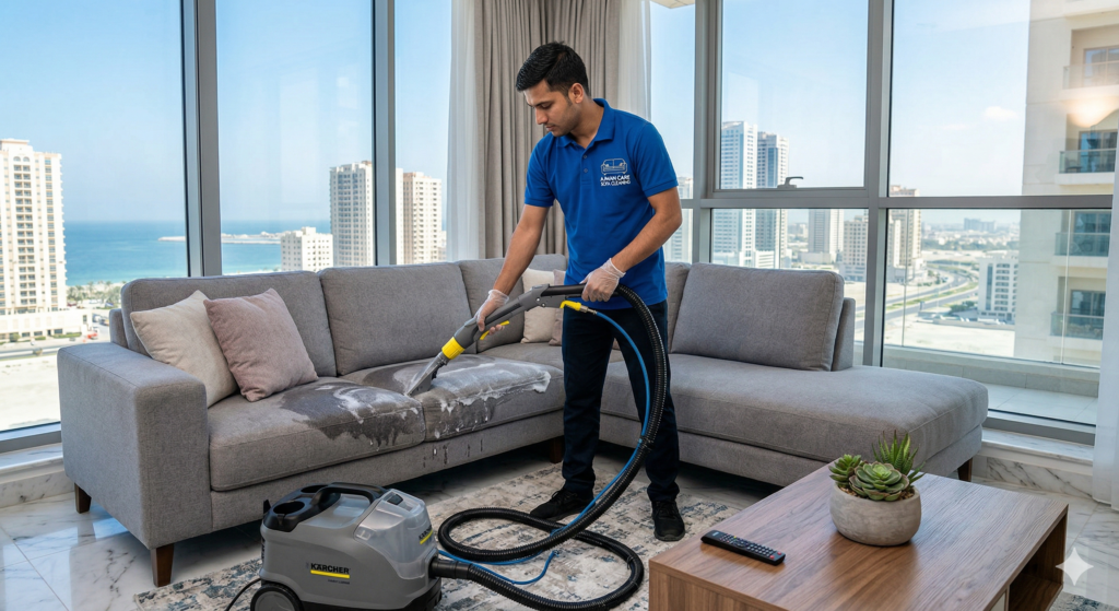 صورة فوتوغرافية احترافية لأريكة قماشية بيج نظيفة تمامًا ومرتبة في شقة حديثة في عجمان، تظهر الخدمة المقدمة من شركة تنظيف كنب في عجمان.