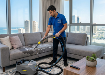 صورة فوتوغرافية احترافية لأريكة قماشية بيج نظيفة تمامًا ومرتبة في شقة حديثة في عجمان، تظهر الخدمة المقدمة من شركة تنظيف كنب في عجمان.