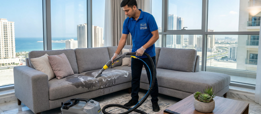 صورة فوتوغرافية احترافية لأريكة قماشية بيج نظيفة تمامًا ومرتبة في شقة حديثة في عجمان، تظهر الخدمة المقدمة من شركة تنظيف كنب في عجمان.