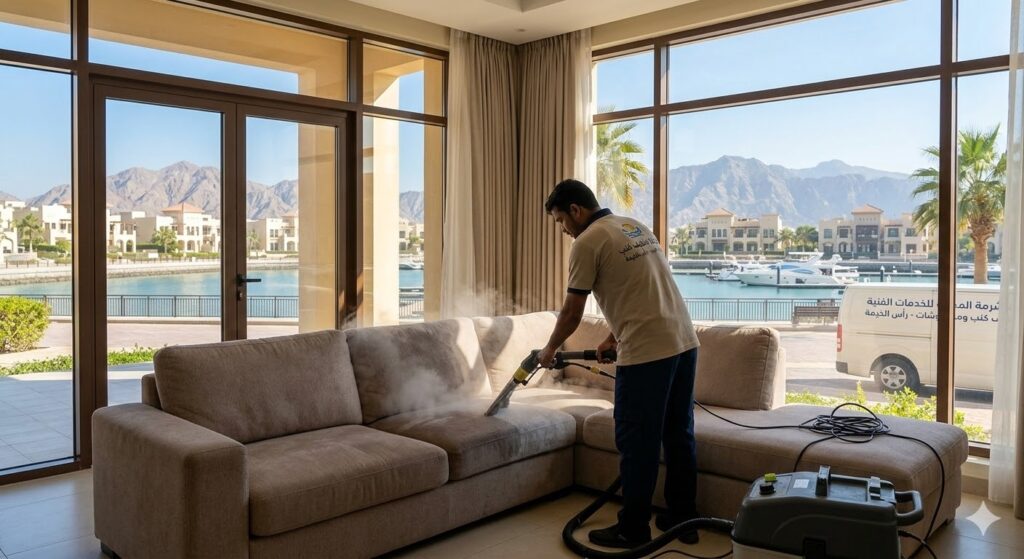 عامل محترف من شركة تنظيف كنب في ميناء العرب ينجز أعمال غسيل وتعقيم أريكة بالبخار داخل منزل ذو إطلالة بحرية.