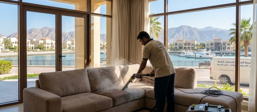 عامل محترف من شركة تنظيف كنب في ميناء العرب ينجز أعمال غسيل وتعقيم أريكة بالبخار داخل منزل ذو إطلالة بحرية.