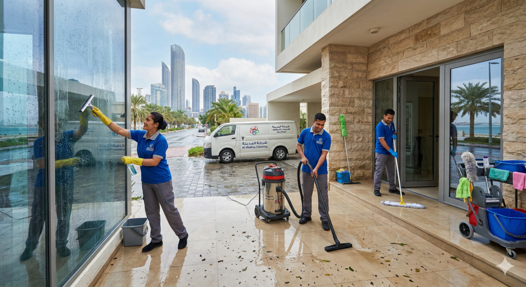 فريق عمل شركة المدينة يقوم بخدمات تنظيف منازل في ابوظبي بعد الامطار، حيث ينظفون الواجهات الزجاجية ويجففون مياه الفناء الخارجي باستخدام معدات حديثة.