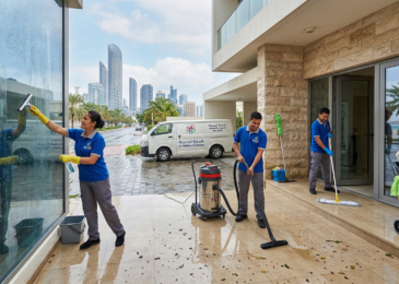 فريق عمل شركة المدينة يقوم بخدمات تنظيف منازل في ابوظبي بعد الامطار، حيث ينظفون الواجهات الزجاجية ويجففون مياه الفناء الخارجي باستخدام معدات حديثة.