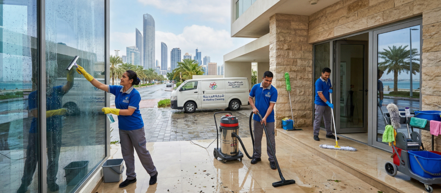 فريق عمل شركة المدينة يقوم بخدمات تنظيف منازل في ابوظبي بعد الامطار، حيث ينظفون الواجهات الزجاجية ويجففون مياه الفناء الخارجي باستخدام معدات حديثة.