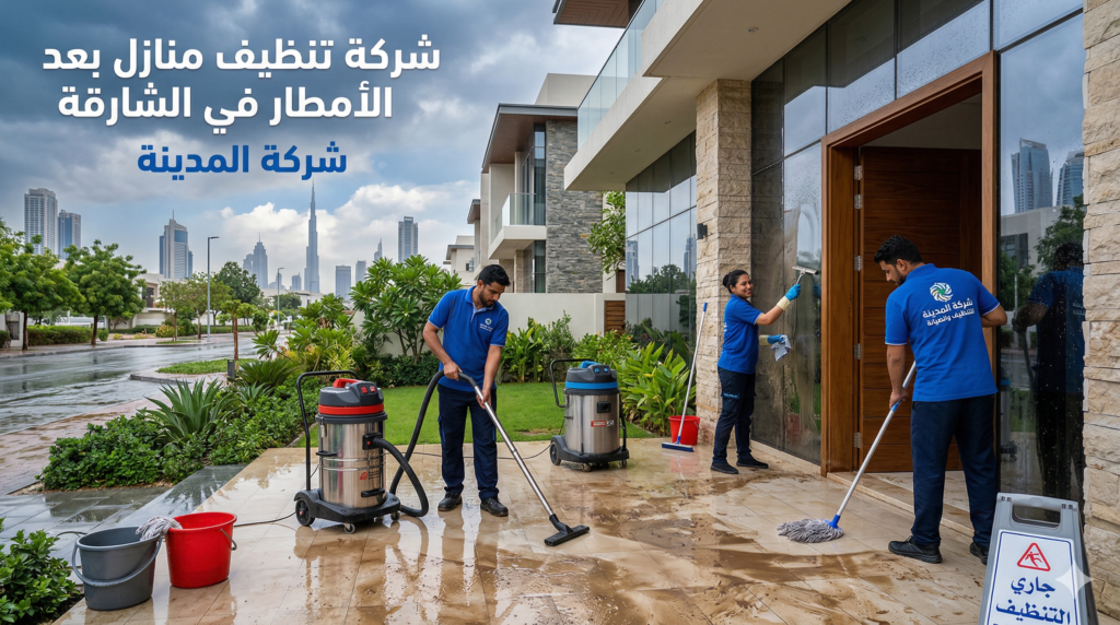 فريق متخصص يقوم بعمليات تنظيف منازل في الشارقة بعد الامطار، مع التركيز على إزالة المياه والترسبات الطينية.