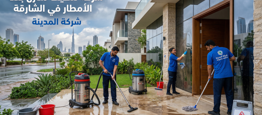 فريق متخصص يقوم بعمليات تنظيف منازل في الشارقة بعد الامطار، مع التركيز على إزالة المياه والترسبات الطينية.