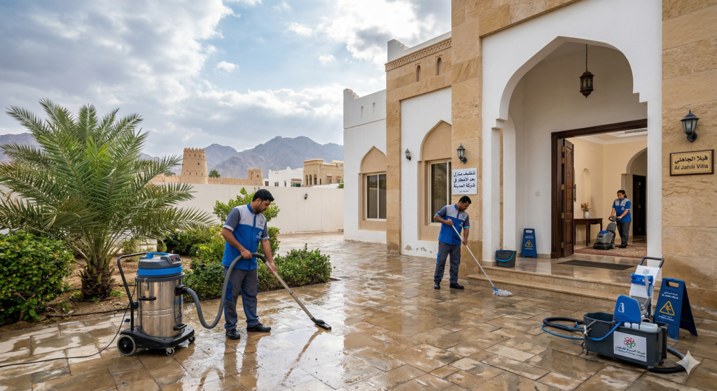 عمال شركة المدينة يستخدمون معدات متطورة لشفط المياه وتجفيف الأرضيات أثناء تنفيذ أعمال تنظيف منازل في العين بعد الامطار في فناء فيلا تقليدية.