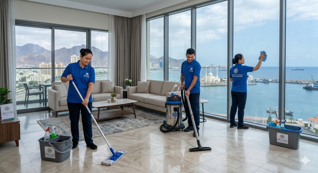 فريق عمل محترف يقدم خدمات تنظيف منازل في الفجيرة بعد الامطار داخل شقة فاخرة ذات إطلالة بحرية وجبلية.