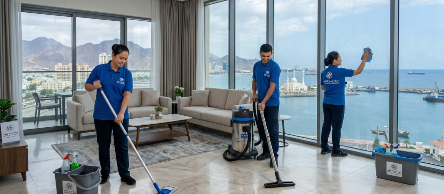 فريق عمل محترف يقدم خدمات تنظيف منازل في الفجيرة بعد الامطار داخل شقة فاخرة ذات إطلالة بحرية وجبلية.