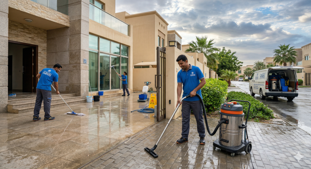 عمال شركة المدينة يقومون بـ تنظيف منازل في ام القيوين بعد الامطار، حيث يستخدمون المكانس الكهربائية الصناعية ومماسح الأرضيات لإزالة المياه والترسبات من الفناء الخارجي للفلل السكنية تحت سماء غائمة.