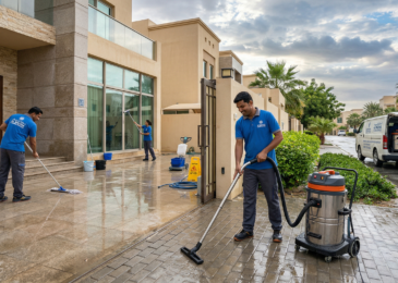 عمال شركة المدينة يقومون بـ تنظيف منازل في ام القيوين بعد الامطار، حيث يستخدمون المكانس الكهربائية الصناعية ومماسح الأرضيات لإزالة المياه والترسبات من الفناء الخارجي للفلل السكنية تحت سماء غائمة.