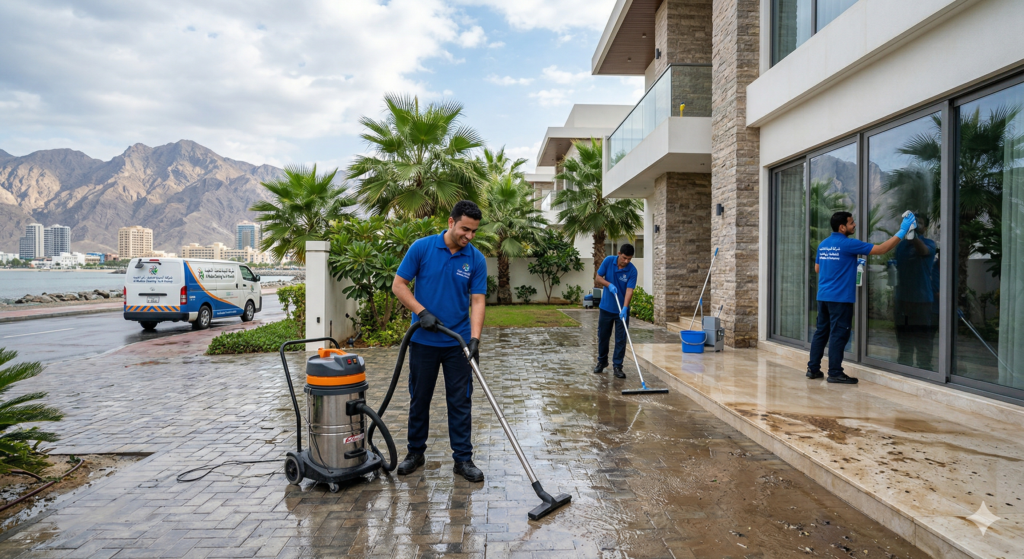 فريق من شركة المدينة لخدمات التنظيف يقومون بـ تنظيف منازل في راس الخيمة بعد الامطار، ويستخدمون مكنسة صناعية لشفط المياه وممسحة زجاج على واجهة سكنية فاخرة مطلة على الجبال والبحر.