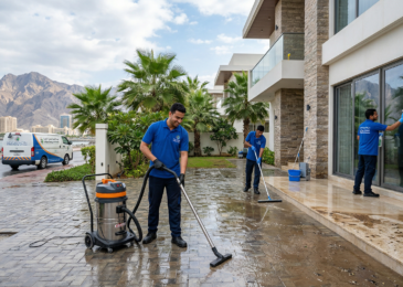 فريق من شركة المدينة لخدمات التنظيف يقومون بـ تنظيف منازل في راس الخيمة بعد الامطار، ويستخدمون مكنسة صناعية لشفط المياه وممسحة زجاج على واجهة سكنية فاخرة مطلة على الجبال والبحر.