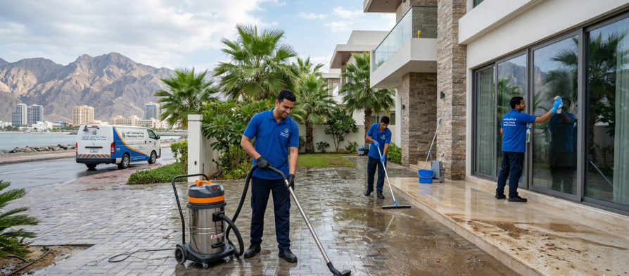 فريق من شركة المدينة لخدمات التنظيف يقومون بـ تنظيف منازل في راس الخيمة بعد الامطار، ويستخدمون مكنسة صناعية لشفط المياه وممسحة زجاج على واجهة سكنية فاخرة مطلة على الجبال والبحر.