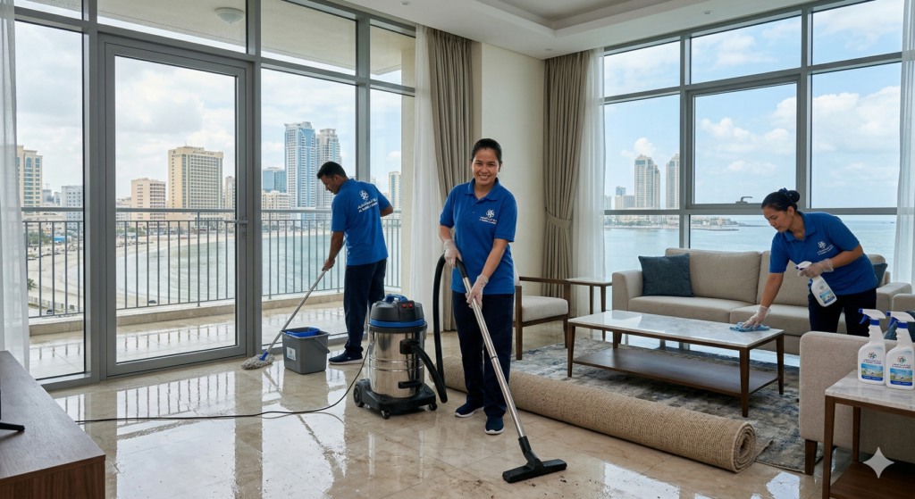 فريق تنظيف منازل في عجمان بعد الامطار يعيد تنظيف شقة فاخرة ذات إطلالة بحرية، باستخدام معدات احترافية ومواد فعالة لإزالة آثار العاصفة.