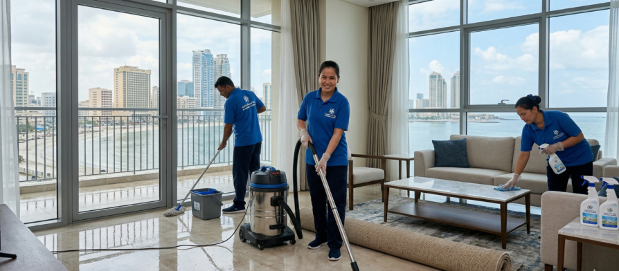 فريق تنظيف منازل في عجمان بعد الامطار يعيد تنظيف شقة فاخرة ذات إطلالة بحرية، باستخدام معدات احترافية ومواد فعالة لإزالة آثار العاصفة.