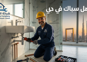سباك في دبي من شركة المدينة يعمل على إصلاح الأنابيب في حمام حديث، مع إطلالة على برج خليفة وقت الغروب، مما يوفر خدمات سباكة متكاملة وموثوقة على مدار الساعة في جميع مناطق دبي.