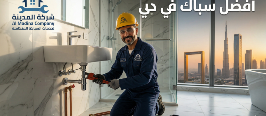 سباك في دبي من شركة المدينة يعمل على إصلاح الأنابيب في حمام حديث، مع إطلالة على برج خليفة وقت الغروب، مما يوفر خدمات سباكة متكاملة وموثوقة على مدار الساعة في جميع مناطق دبي.