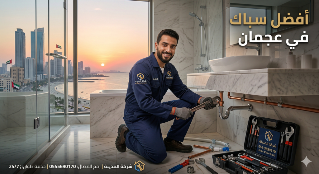 صورة توضح أفضل سباك في عجمان من شركة المدينة أثناء أداء أعمال الصيانة وإصلاح التسربات باحترافية.