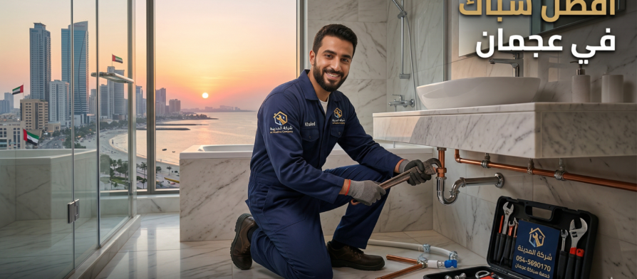 صورة توضح أفضل سباك في عجمان من شركة المدينة أثناء أداء أعمال الصيانة وإصلاح التسربات باحترافية.