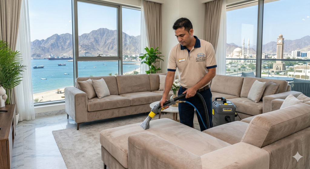 فني محترف يستخدم آلة تنظيف عميق على أريكة رمادية حديثة في غرفة معيشة فاخرة، مع إطلالة بانورامية على الجبال والبحر في الفجيرة، كجزء من خدمات شركات تنظيف الكنب في الفجيرة.