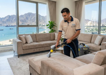 فني محترف يستخدم آلة تنظيف عميق على أريكة رمادية حديثة في غرفة معيشة فاخرة، مع إطلالة بانورامية على الجبال والبحر في الفجيرة، كجزء من خدمات شركات تنظيف الكنب في الفجيرة.