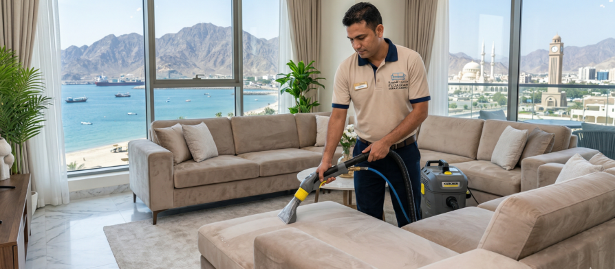 فني محترف يستخدم آلة تنظيف عميق على أريكة رمادية حديثة في غرفة معيشة فاخرة، مع إطلالة بانورامية على الجبال والبحر في الفجيرة، كجزء من خدمات شركات تنظيف الكنب في الفجيرة.