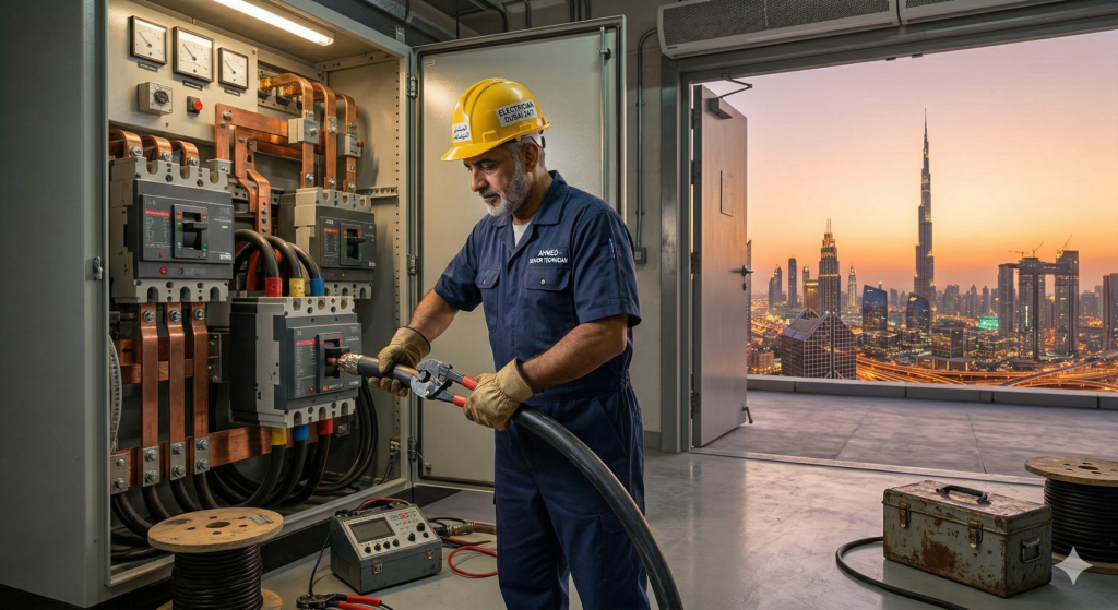 كهربائي في الفجيرة يقوم بإصلاح لوحة كهربائية داخل منزل