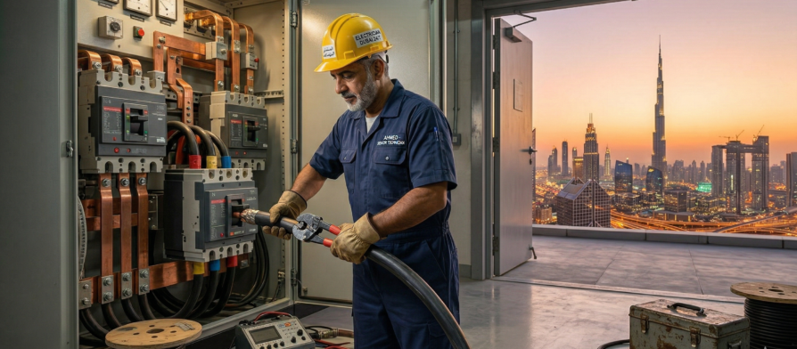 كهربائي في الفجيرة يقوم بإصلاح لوحة كهربائية داخل منزل