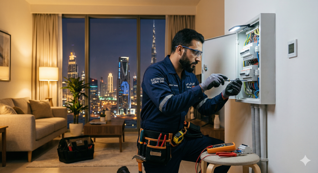 كهربائي في دبي يقوم بإصلاح لوحة كهربائية داخل منزل