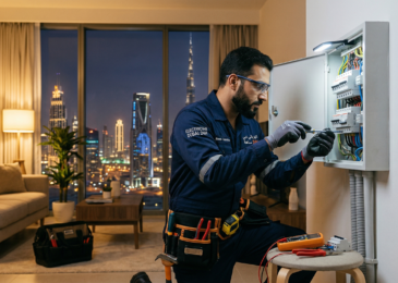 كهربائي في دبي يقوم بإصلاح لوحة كهربائية داخل منزل