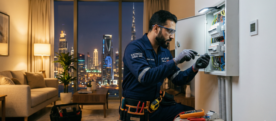 كهربائي في دبي يقوم بإصلاح لوحة كهربائية داخل منزل
