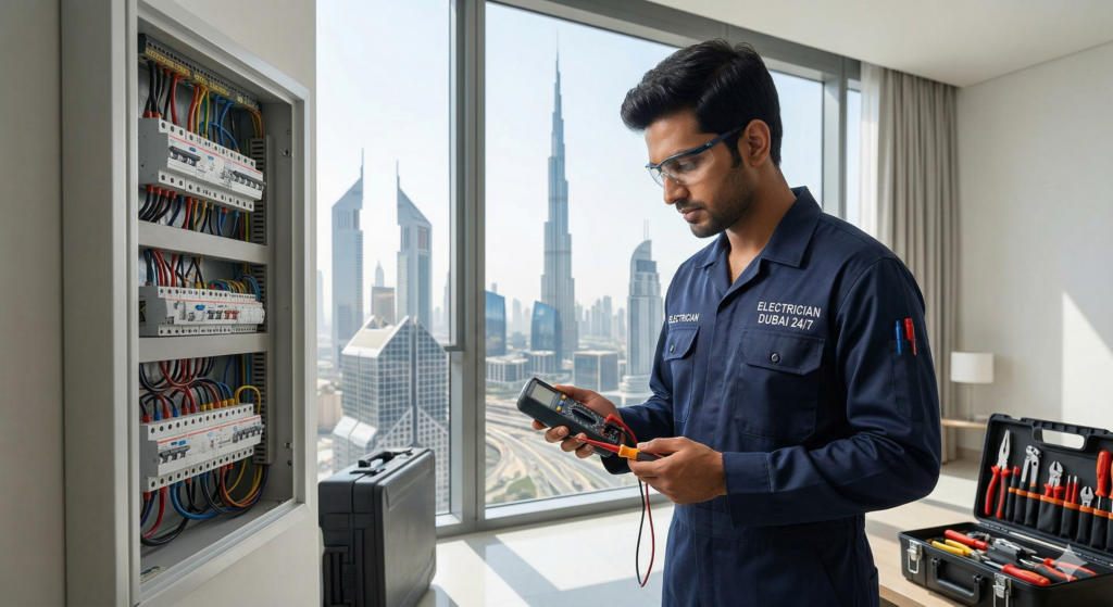 كهربائي في عجمان يقوم بإصلاح الأعطال الكهربائية داخل المنزل