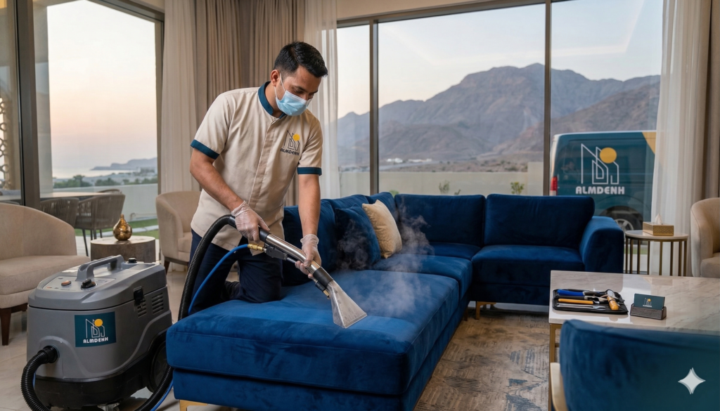 عامل محترف يستخدم جهاز البخار لتنظيف أريكة زرقاء، ممثلاً أفضل شركة تنظيف كنب في راس الخيمة.
