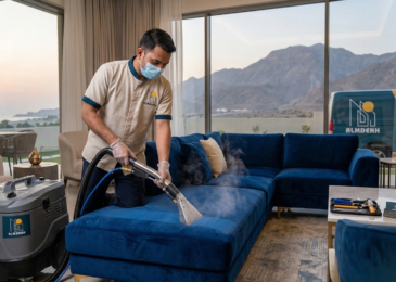 عامل محترف يستخدم جهاز البخار لتنظيف أريكة زرقاء، ممثلاً أفضل شركة تنظيف كنب في راس الخيمة.