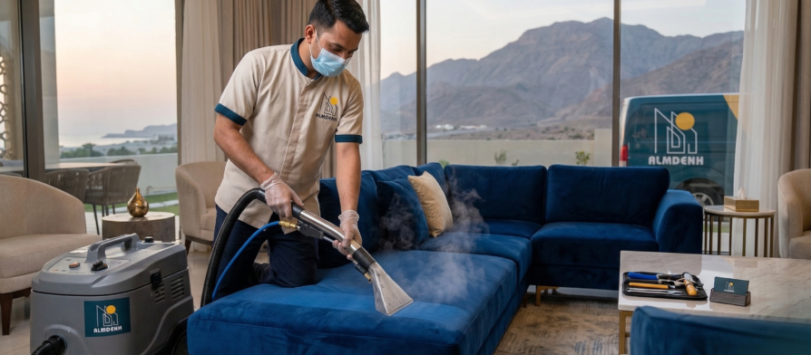 عامل محترف يستخدم جهاز البخار لتنظيف أريكة زرقاء، ممثلاً أفضل شركة تنظيف كنب في راس الخيمة.