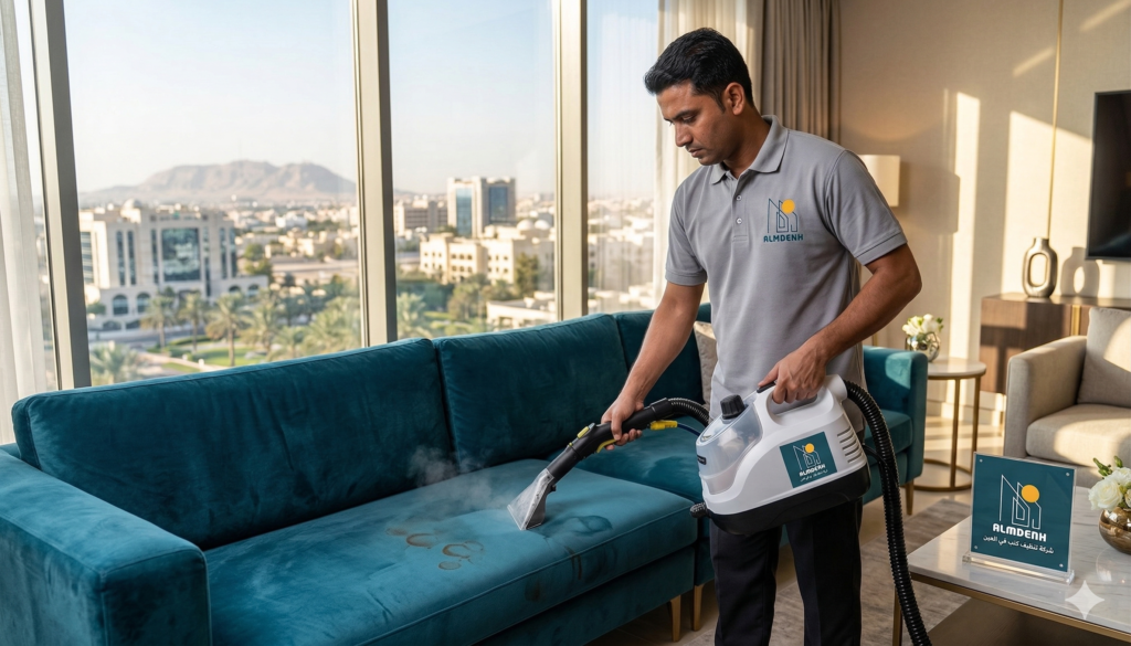 عامل محترف من شركة تنظيف كنب في العين يستخدم ماكينة البخار لإزالة البقع الصعبة من أريكة زرقاء داخل منزل.