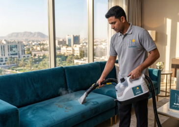 عامل محترف من شركة تنظيف كنب في العين يستخدم ماكينة البخار لإزالة البقع الصعبة من أريكة زرقاء داخل منزل.