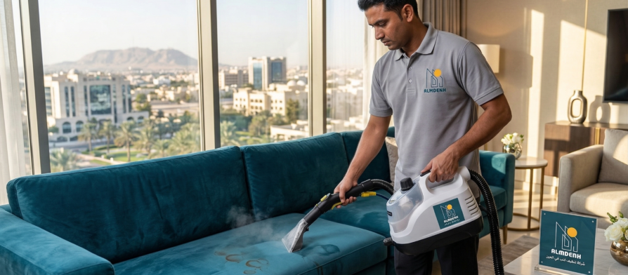 عامل محترف من شركة تنظيف كنب في العين يستخدم ماكينة البخار لإزالة البقع الصعبة من أريكة زرقاء داخل منزل.